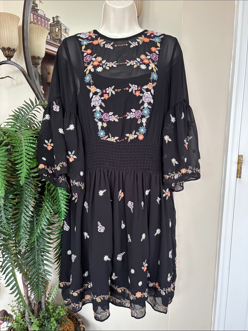 Maeve Anthropologie Black Floral Embroidered Layered Sheer Ruffle Mini Dress - Picture 2 of 15